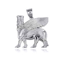 Sterling Silver Ancient Assyrian God Lamassu Winged Bull Pendant Necklace