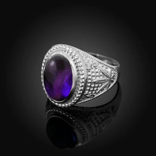 Silver Marijuana Purple Amethyst Gemstone Ring