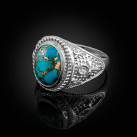 Sterling Silver Egyptian Ankh Cross Blue Copper Turquoise Statement Ring