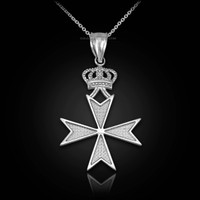 Sterling Silver Maltese Cross Royal Crown Pendant Necklace