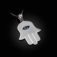 Sterling Silver Hamsa Blue CZ Evil Eye Pendant Necklace