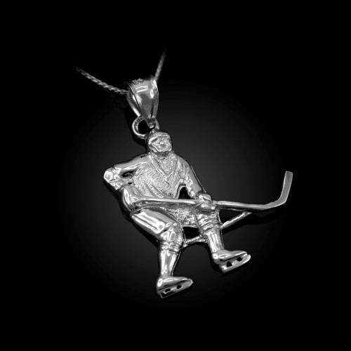 Polished Sterling Silver Ice Hockey Player Sports Pendant Necklace