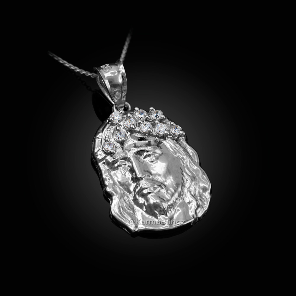 Sterling Silver Jesus Face Cubic Zirconia Religious Charm Necklace