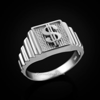 Sterling Silver Cash Money Dollar Sign Square Mens Ring