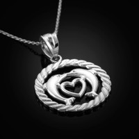 Sterling Silver Heart Kissing Dolphins Round Rope Pendant Necklace
