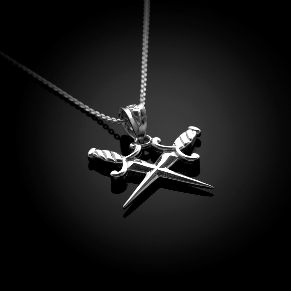 Sterling Silver Crossed Daggers Pendant Necklace