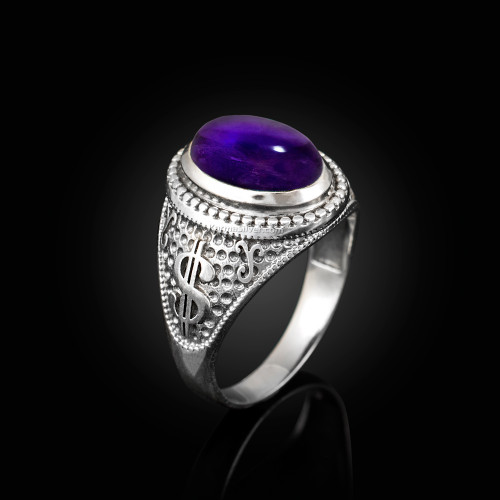 Sterling Silver Cash Money Dollar Sign Amethyst Statement Ring