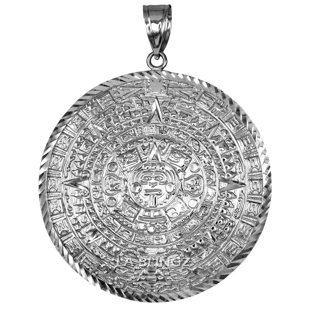 Sterling Silver Aztec Mayan Sun Calendar Extra Large Pendant (XL