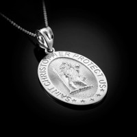 Sterling Silver Saint Christopher Protect Us Oval Medallion Pendant Necklace