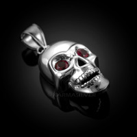 Polished Silver Skull Red CZ Pendant
