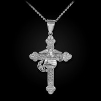 Sterling Silver US Marines Christian Cross Pendant Necklace
