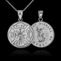 Sterling Silver Firefighter Medal Reversible St. Michael Pendant Necklace