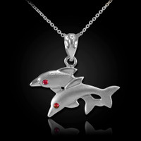 Sterling Silver Red CZ Two Dolphins Pendant Necklace