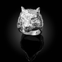 Sterling Silver Mens Sparkle-Cut Tiger Head Ring