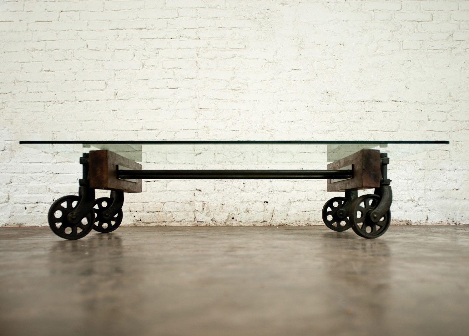 Coffee Table Cast Iron Wheels Reclaimed Wood Frame