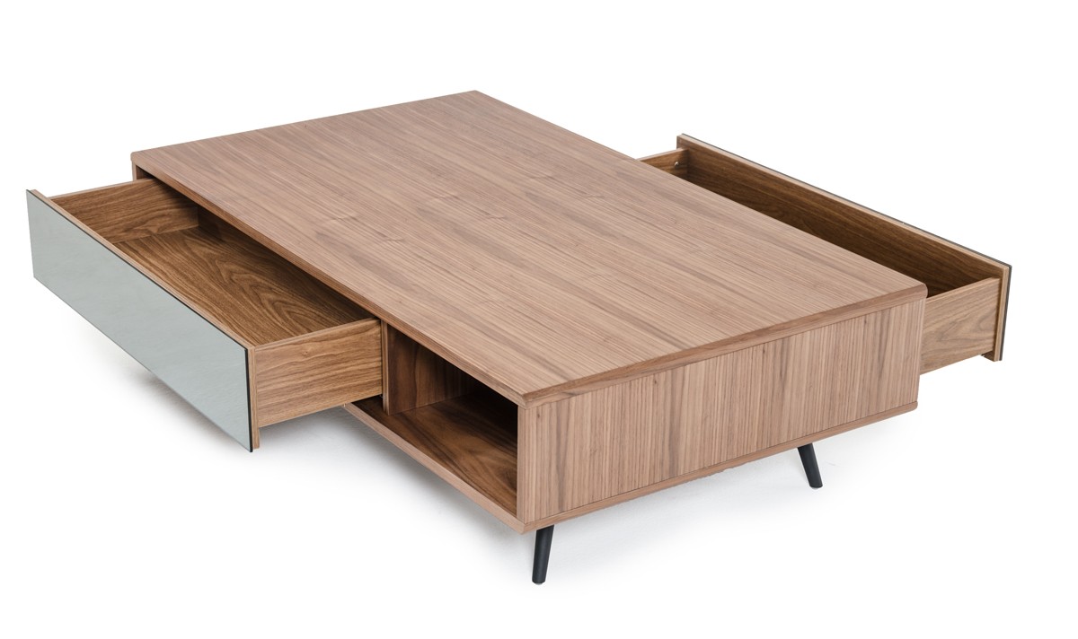 The Aiden Mid century modern walnut coffee table features a side cubby and a mirrored drawer