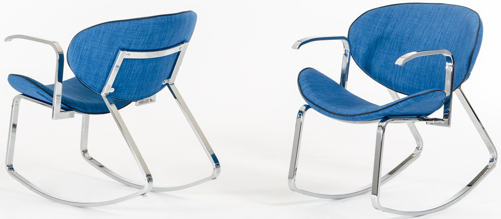Find a great rocker arm chair upholstered in blue.