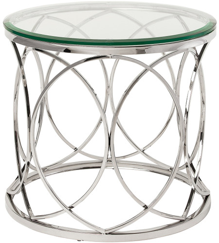 Nuevo Living Juliette Side Table In Stainless Steel With Beveled Edge Tempered Glass Round Top