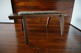 Minimalist Oak wood bench Upholstered with curly silver Scandinavian Gotland sheepskin - B0516O1