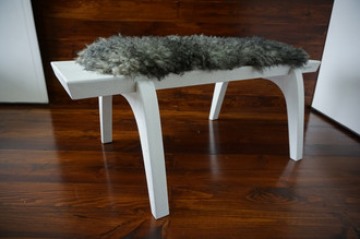 Minimalist white Oak wood bench Upholstered with curly silver Swedish Gotland sheepskin - B0516O11