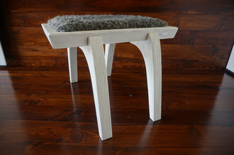 Minimalist white Oak wood stool Upholstered with curly silver Swedish Gotland sheepskin - S051604