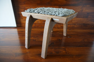 Minimalist Oak wood stool Upholstered with curly silver Swedish Gotland sheepskin - S051608