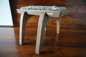 Minimalist Oak wood stool Upholstered with curly silver Swedish Gotland sheepskin - S051609