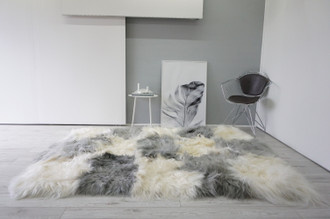 Luxury Genuine Rare Unique Rectangular Icelandic Sheepskin Rug | Grey and White Mosaic Sheepskin Rug | Extra Soft Long Wool | BWGR 1