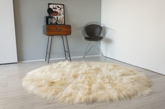 Unique Genuine 64" Natural Ethically Sourced Icelandic Round Sheepskin Rug | Creamy White | Ivory | Champagne Mix | WHST2