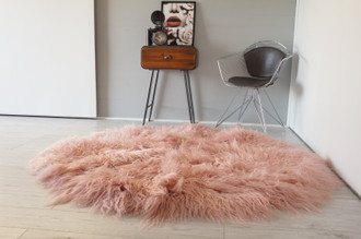 Unique Genuine 66" Mongolian Icelandic Sheepskin Rug | Round Shape | Soft Silky Long Curly Wool | Pink | Rose Gold WHST5