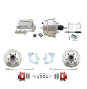DBK6568LXR-GMFS3-308  - 1965-1968 GM Full Size Front Disc Brake Kit Red Powder Coated Calipers Drilled/Slotted Rotors (Impala, Bel Air, Biscayne) & 8" Dual Chrome Booster Conversion Kit w/ Flat Top Chrome Master Cylinder Bottom Mount Disc/ Drum Propo