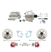 DBK6568LXR-GMFS3-310  - 1965-1968 GM Full Size Front Disc Brake Kit Red Powder Coated Calipers Drilled/Slotted Rotors (Impala, Bel Air, Biscayne) & 8" Dual Chrome Booster Conversion Kit w/ Chrome Master Cylinder Bottom Mount Disc/ Drum Proportioning