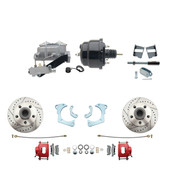 DBK6568LXR-GMFS3-709  - 1965-1968 GM Full Size Front Disc Brake Kit Red Powder Coated Calipers Drilled/Slotted Rotors (Impala, Bel Air, Biscayne) & 8" Dual Powder Coated Black Booster Conversion Kit w/ Aluminum Master Cylinder Left Mount Disc/ Drum P