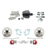 DBK6568LXR-GMFS3-711  - 1965-1968 GM Full Size Front Disc Brake Kit Red Powder Coated Calipers Drilled/Slotted Rotors (Impala, Bel Air, Biscayne) & 8" Dual Powder Coated Black Booster Conversion Kit w/ Chrome Flat Top Master Cylinder Left Mount Disc/