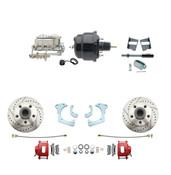 DBK6568LXR-GMFS3-712  - 1965-1968 GM Full Size Front Disc Brake Kit Red Powder Coated Calipers Drilled/Slotted Rotors (Impala, Bel Air, Biscayne) & 8" Dual Powder Coated Black Booster Conversion Kit w/ Chrome Master Cylinder Bottom Mount Disc/ Drum P