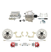 DBK5964LXR-GMFS2-308  - 1959-1964 GM Full Size Front Disc Brake Kit Red Powder Coated Calipers Drilled/Slotted Rotors (Impala, Bel Air, Biscayne) & 8" Dual Chrome Booster Conversion Kit w/ Flat Top Chrome Master Cylinder Bottom Mount Disc/ Drum Propo