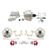 DBK5964LXR-GMFS2-309  - 1959-1964 GM Full Size Front Disc Brake Kit Red Powder Coated Calipers Drilled/Slotted Rotors (Impala, Bel Air, Biscayne) & 8" Dual Chrome Booster Conversion Kit w/ Flat Top Chrome Master Cylinder Left Mount Disc/ Drum Proport