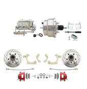 DBK5964LXR-GMFS2-310  - 1959-1964 GM Full Size Front Disc Brake Kit Red Powder Coated Calipers Drilled/Slotted Rotors (Impala, Bel Air, Biscayne) & 8" Dual Chrome Booster Conversion Kit w/ Chrome Master Cylinder Bottom Mount Disc/ Drum Proportioning