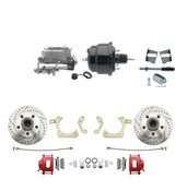 DBK5964LXR-GMFS2-708  - 1959-1964 GM Full Size Front Disc Brake Kit Red Powder Coated Calipers Drilled/Slotted Rotors (Impala, Bel Air, Biscayne) & 8" Dual Powder Coated Black Booster Conversion Kit w/ Aluminum Master Cylinder Bottom Mount Disc/ Drum