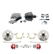 DBK5964LXR-GMFS2-709  - 1959-1964 GM Full Size Front Disc Brake Kit Red Powder Coated Calipers Drilled/Slotted Rotors (Impala, Bel Air, Biscayne) & 8" Dual Powder Coated Black Booster Conversion Kit w/ Aluminum Master Cylinder Left Mount Disc/ Drum P
