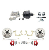 DBK5964LXR-GMFS2-711  - 1959-1964 GM Full Size Front Disc Brake Kit Red Powder Coated Calipers Drilled/Slotted Rotors (Impala, Bel Air, Biscayne) & 8" Dual Powder Coated Black Booster Conversion Kit w/ Chrome Flat Top Master Cylinder Left Mount Disc/