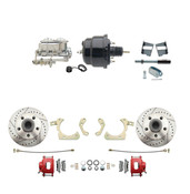 DBK5964LXR-GMFS2-712  - 1959-1964 GM Full Size Front Disc Brake Kit Red Powder Coated Calipers Drilled/Slotted Rotors (Impala, Bel Air, Biscayne) & 8" Dual Powder Coated Black Booster Conversion Kit w/ Chrome Master Cylinder Bottom Mount Disc/ Drum P
