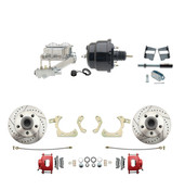 DBK5964LXR-GMFS2-713  - 1959-1964 GM Full Size Front Disc Brake Kit Red Powder Coated Calipers Drilled/Slotted Rotors (Impala, Bel Air, Biscayne) & 8" Dual Powder Coated Black Booster Conversion Kit w/ Chrome Master Cylinder Left Mount Disc/ Drum Pro