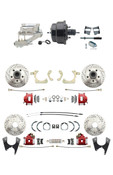 DBK59641012FSLXR-GMFS2-328  - 1959-1964 GM Full Size Front & Rear Power Disc Brake Kit Red Powder Coated Calipers Drilled/Slotted Rotors (Impala, Bel Air, Biscayne) & 8" Dual Chrome Booster Conversion Kit w/ Flat Top Chrome Master Cylinder Bottom Mou