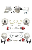 DBK59641012FSLXR-GMFS2-329  - 1959-1964 GM Full Size Front & Rear Power Disc Brake Kit Red Powder Coated Calipers Drilled/Slotted Rotors (Impala, Bel Air, Biscayne) & 8" Dual Chrome Booster Conversion Kit w/ Flat Top Chrome Master Cylinder Left Mount
