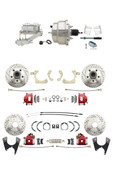 DBK59641012FSLXR-GMFS2-331  - 1959-1964 GM Full Size Front & Rear Power Disc Brake Kit Red Powder Coated Calipers Drilled/Slotted Rotors (Impala, Bel Air, Biscayne) & 8" Dual Chrome Booster Conversion Kit w/ Chrome Master Cylinder Left Mount Disc/ Dr