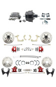 DBK59641012FSLXR-GMFS2-722  - 1959-1964 GM Full Size Front & Rear Power Disc Brake Kit Red Powder Coated Calipers Drilled/Slotted Rotors (Impala, Bel Air, Biscayne) & 8" Dual Powder Coated Black Booster Conversion Kit w/ Aluminum Master Cylinder Bott
