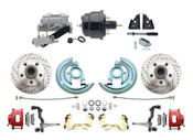 DBK6472LXR-GM-709  - 1964-1972 GM A Body Front Power Disc Brake Conversion Kit Drilled & Slotted & Powder Coated Red Calipers Rotors w/ 8" Dual Powder Coated Black Booster Kit