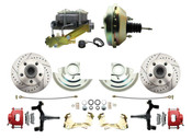 DBK6769DLXR-GM-209  - 1967-1969 F Body 1968-1974 X Body Front Power 2" Drop Disc Brake Conversion Kit Drilled & Slotted & Powder Coated Red Calipers Rotors w/9" Dual Zinc Booster Kit