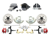 DBK6769DLXR-GM-715  - 1967-1969 F Body 1968-1974 X Body Front Power 2" Drop Disc Brake Conversion Kit Drilled & Slotted & Powder Coated Red Calipers Rotors 9" Dual Powder Coated Black Booster Kit